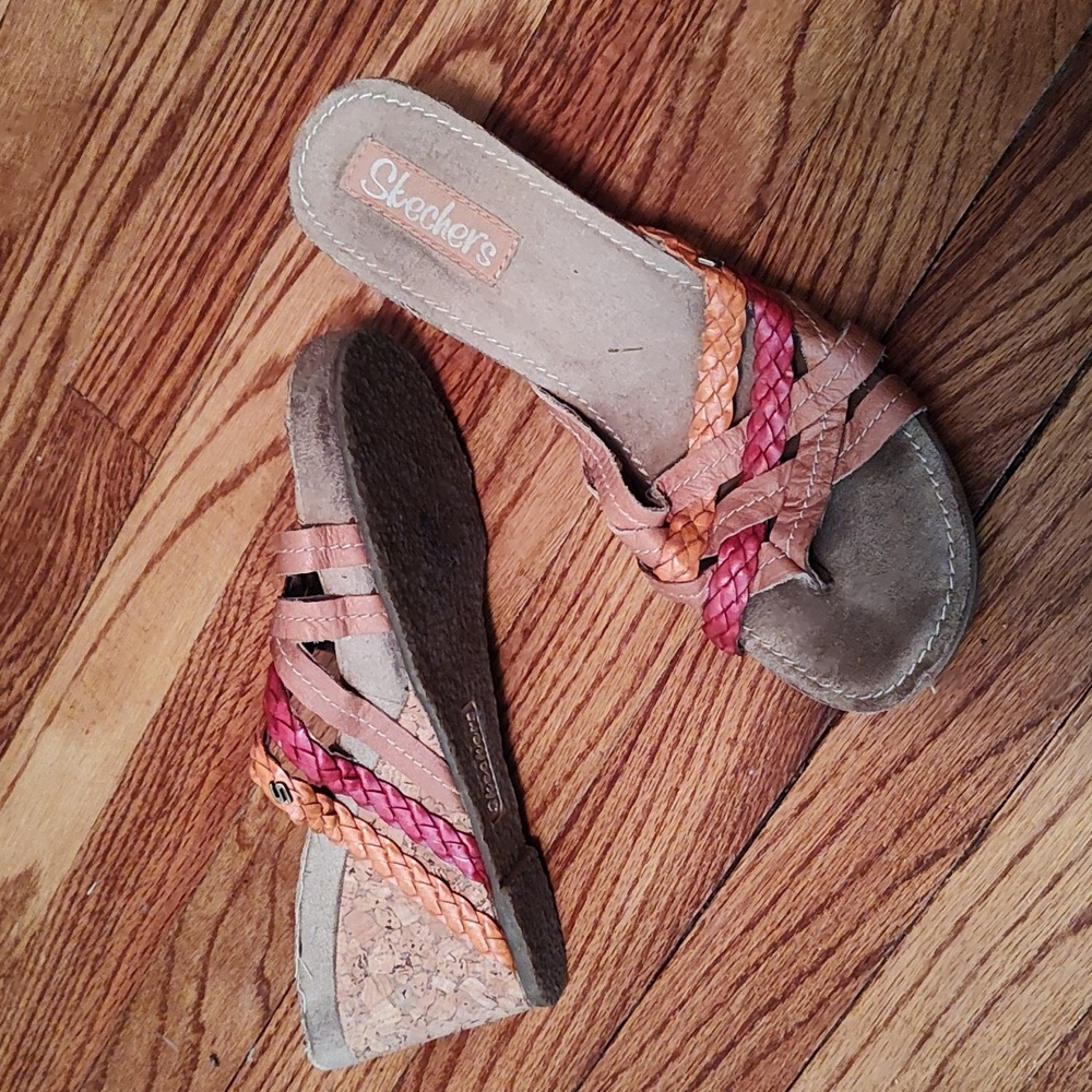 Skechers red/orange leather straps/cork wedges